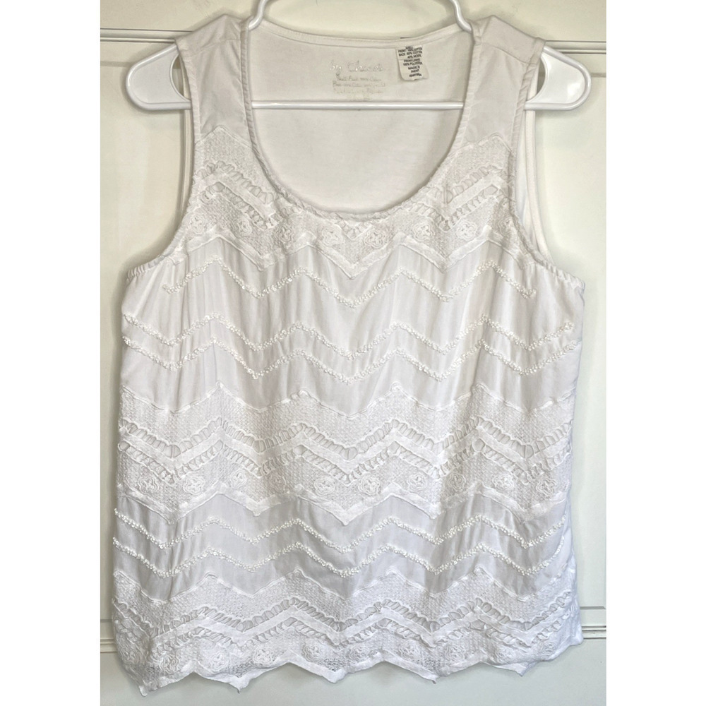 Chico's Women's White Cotton Embellished Tank Top Sz 1 Beaded Crochet Boho Coast